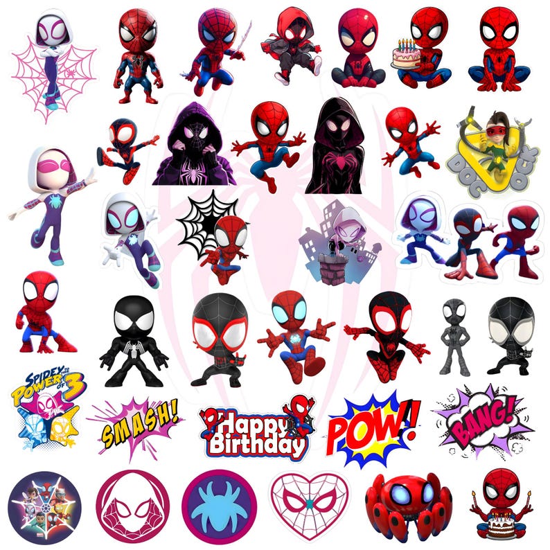 May include: A collection of stickers featuring various Spider-Man characters in chibi style, including Spider-Gwen, Miles Morales, and Doc Ock. The set includes comic book sound effects like SMASH, POW, and BANG, plus Happy Birthday text and icons.