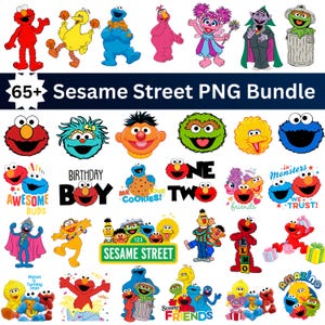 May include: A digital collection of 65+ Sesame Street PNG graphics featuring Elmo, Big Bird, Cookie Monster, Abby Cadabby, Count von Count, and Oscar the Grouch. The bundle includes various character illustrations, birthday-themed designs, and text.