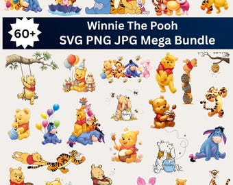 Pacote de imagens SVG e PNG do Ursinho Pooh para bebês, clipart do Ursinho Pooh, sublimação para chá de bebê com Tigrão, Bisonho e Leitão em PNG, download digital para decoração de berçário.