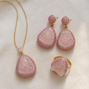 Pink Crystal Jewelry Set, Necklace Earrings Ring Set, Romantic Gift for Her image 1