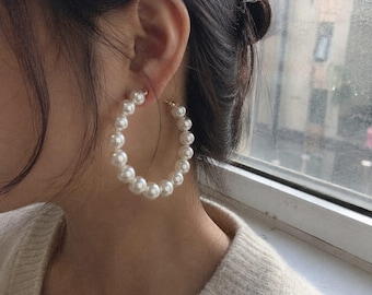 Large Pearl Hoop Earrings | Elegant Statement Jewelry | Timeless Gift for Her | Lightweight Everyday Earrings
