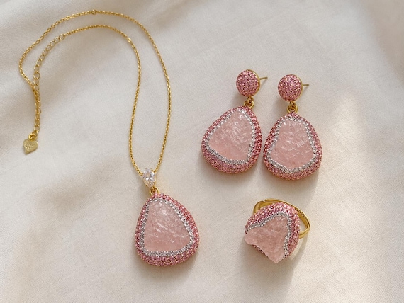 Pink Crystal Jewelry Set, Necklace Earrings Ring Set, Romantic Gift for Her