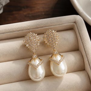 Gold Pearl Drop Earrings | Elegant Bridal Statement Wedding Jewelry