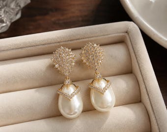 Gold Pearl Drop Earrings | Elegant Bridal Statement Wedding Jewelry