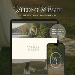 Könnte beinhalten: Eine digitale Hochzeits-Website-Vorlage auf einem Tablet- und Smartphone-Bildschirm. Die Benutzeroberfläche zeigt ein bearbeitbares Monogramm, den Text "Natalie & Callum" und "Wedding Website with Editable Monogram". Ein kreisförmiges Overlay besagt "Easy to edit with built-in RSVP & guest tracking".