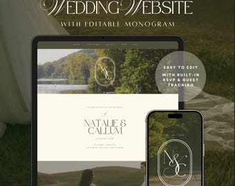 Hochzeits-Website-Einladung mit Antwortformular & bearbeitbarem Monogramm | Canva Vorlage