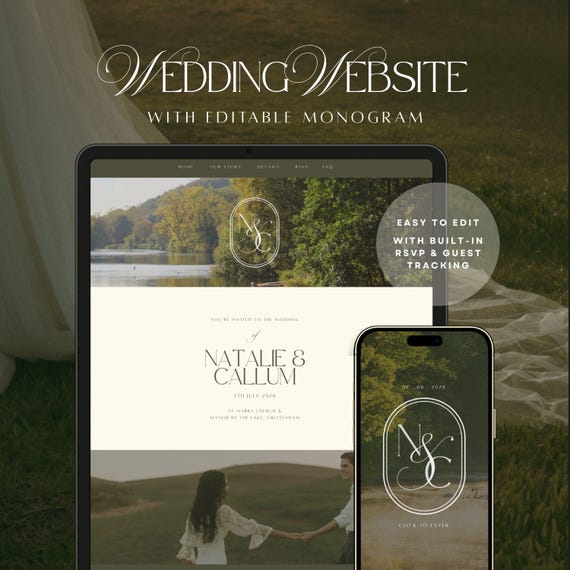 Wedding Website Invitation with RSVP form & editable Monogram | Canva Template