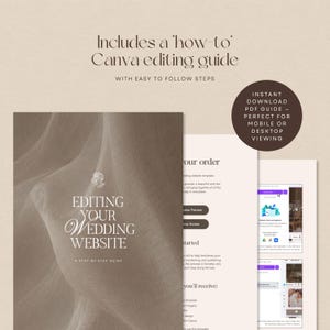 May include: A digital PDF guide titled Editing Your Wedding Website with a step-by-step Canva editing guide. The document features beige and brown tones, text instructions, and screenshots of a website template interface for mobile and desktop.