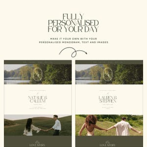 May include: A digital display showing two customizable wedding website templates with cream backgrounds, dark green accents, and serif typography. The layouts feature a landscape photograph, a monogram, and the text "FULLY PERSONALISED FOR YOUR DAY."