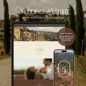 May include: A digital wedding website template displayed on a tablet and smartphone screen, featuring an editable monogram, the names Natalie & Callum, and a photo of a couple, with text overlays stating Wedding Website with Editable Monogram.