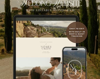 Italy / Tuscan Wedding Website Invitation with RSVP form & editable Monogram | Canva Template