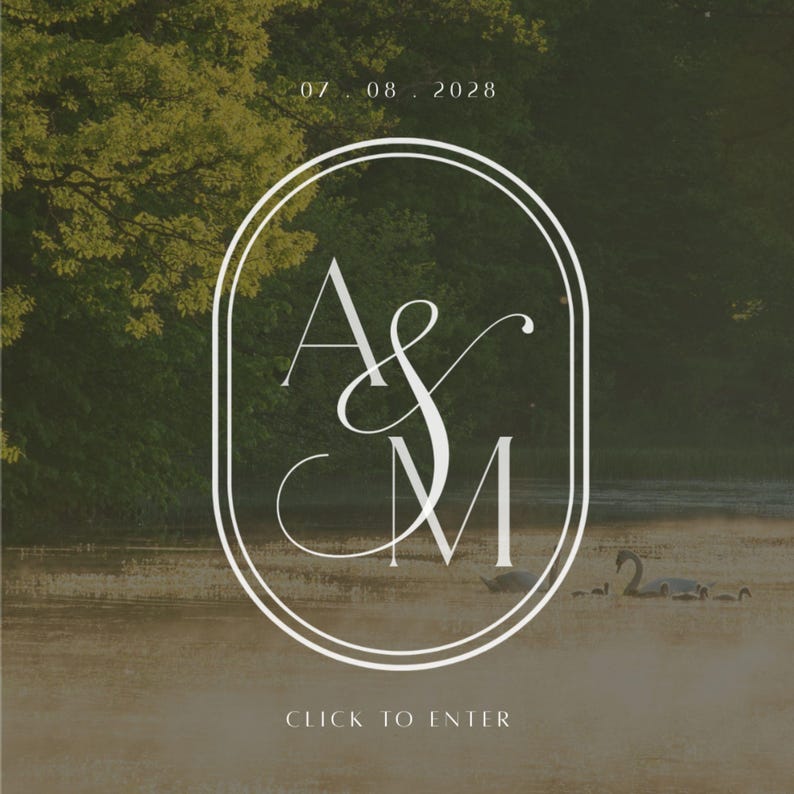 May include: A digital graphic featuring a white oval frame containing the stylized letters A & M in a serif font. Above the frame is the date 07.08.2028, and below is the text CLICK TO ENTER. The background shows a lake with swans.