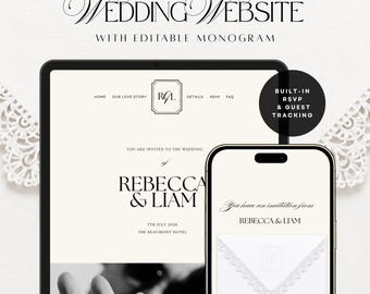 Envelope Wedding Website Invitation with RSVP form & editable Monogram | Canva Template