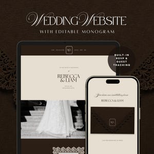 Könnte beinhalten: Eine digitale Hochzeits-Website-Vorlage auf einem Tablet- und Smartphone-Bildschirm. Die Benutzeroberfläche zeigt ein cremefarbenes und dunkelbraunes Farbschema, ein bearbeitbares Monogramm sowie den Text Wedding Website with Editable Monogram und Built-in RSVP & Guest Tracking.