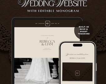 Chocolate Brown Wedding Website Invitation with RSVP form & editable Monogram | Canva Template
