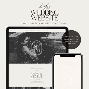 Plantilla de sitio web para bodas con formulario de confirmación de asistencia / Monograma personalizado / Sitio web de bodas editable en Canva