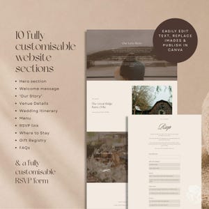 May include: A digital website template featuring 10 customizable sections including a hero section, welcome message, our story, venue details, wedding itinerary, menu, RSVP link, where to stay, gift registry, and FAQs, with an editable RSVP form.