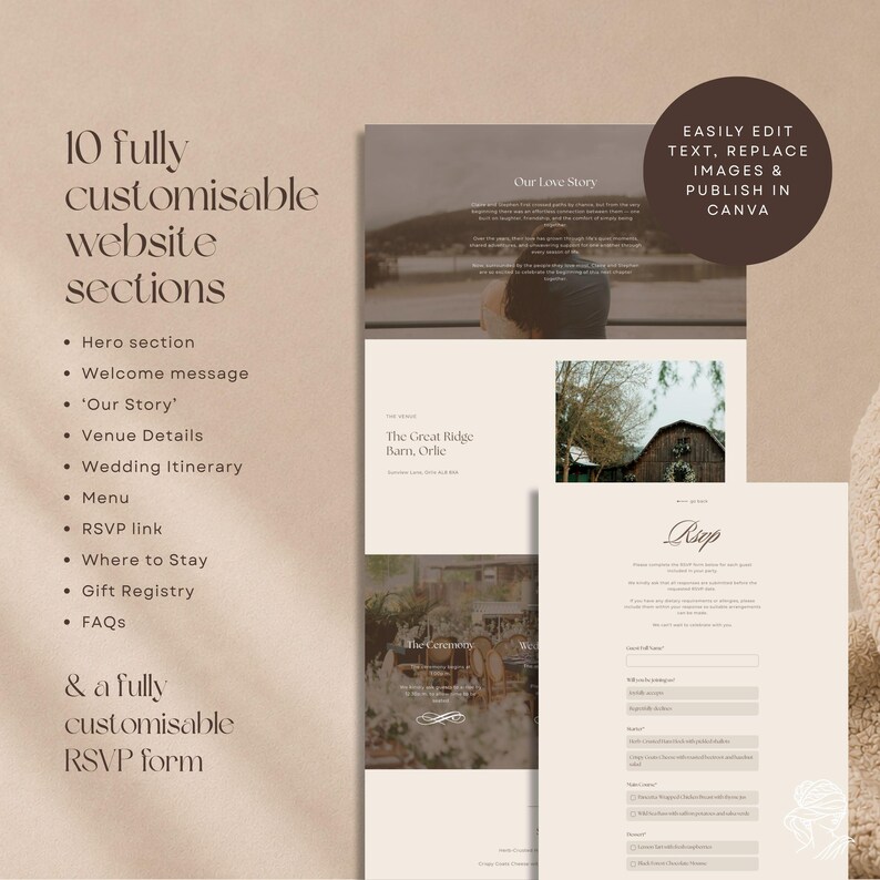 May include: A digital website template featuring 10 customizable sections including a hero section, welcome message, our story, venue details, wedding itinerary, menu, RSVP link, where to stay, gift registry, and FAQs, with an editable RSVP form.