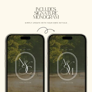 May include: Two smartphones display a digital wedding invitation template featuring a white oval monogram frame with initials N&C and A&M, the date 07.08.2028, and the text CLICK TO ENTER. The top text reads INCLUDES SIGNATURE MONOGRAM SIMPLY UPDATE WITH YOUR OWN INITIALS.