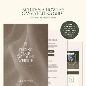 May include: A digital guide titled Editing Your Wedding Website with a step-by-step guide by Veiled Haus. The document includes a Canva editing guide with easy-to-follow steps, featuring a brown fabric background and a dark green circle badge.