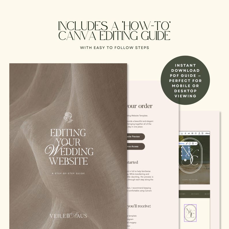 May include: A digital guide titled Editing Your Wedding Website with a step-by-step guide by Veiled Haus. The document includes a Canva editing guide with easy-to-follow steps, featuring a brown fabric background and a dark green circle badge.