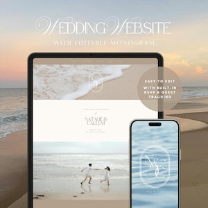 May include: A digital wedding website template displayed on a tablet and smartphone screen, featuring an editable monogram, beach photography, and text reading Wedding Website with Editable Monogram and Easy to Edit with Built-in RSVP & Guest Tracking.