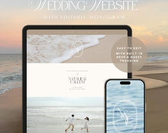 Destination Wedding Website Invitation with RSVP form & editable Monogram | Canva Template