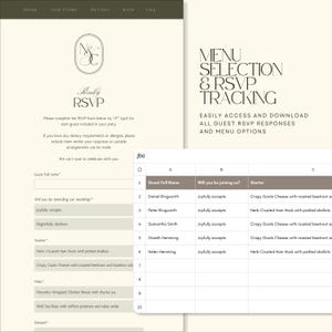 May include: A digital wedding RSVP form and a spreadsheet for menu selection and guest tracking. The form includes fields for guest names, attendance, and meal choices. The spreadsheet displays columns for guest names, attendance, and starter options.
