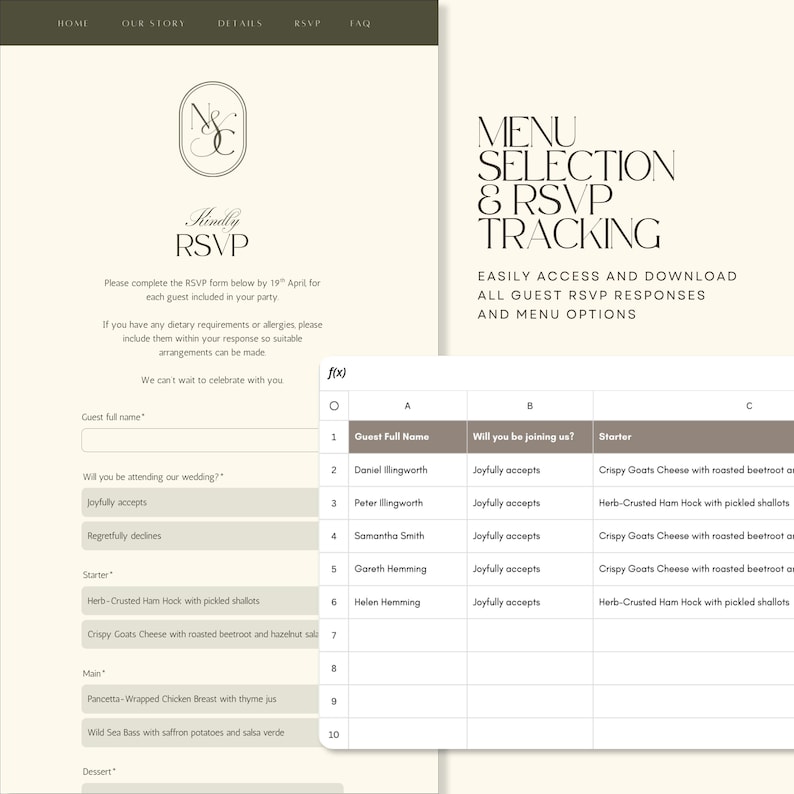 May include: A digital wedding RSVP form and a spreadsheet for menu selection and guest tracking. The form includes fields for guest names, attendance, and meal choices. The spreadsheet displays columns for guest names, attendance, and starter options.