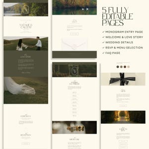 May include: A digital template set featuring 5 fully editable wedding website pages with a cream background and dark green accents. The layout includes sections for a monogram, love story, wedding details, RSVP, menu selection, and an FAQ page.