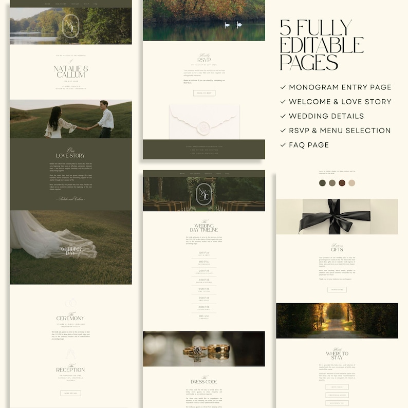 May include: A digital template set featuring 5 fully editable wedding website pages with a cream background and dark green accents. The layout includes sections for a monogram, love story, wedding details, RSVP, menu selection, and an FAQ page.