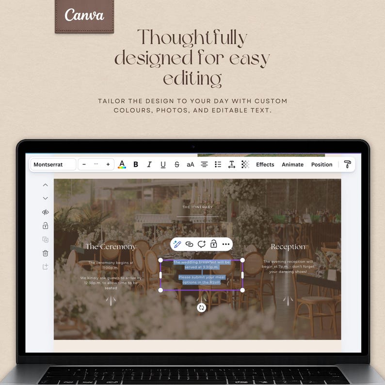 May include: A laptop screen displaying a Canva design interface for a wedding itinerary. The interface shows text editing tools, a font selection menu, and a preview of a wedding event schedule with sections for The Ceremony and Reception.