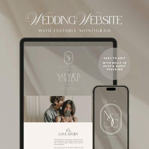 May include: A digital wedding website template displayed on a tablet and smartphone screen, featuring an editable monogram, the text "Wedding Website with Editable Monogram," and "Easy to edit with built-in RSVP & guest tracking."