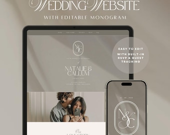 Wedding Website Invite with RSVP form & editable Monogram | Canva Template