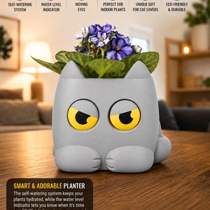 Doniczka samonawadniająca Gray Cat, ruchome oczy, wskaźnik poziomu wody, doniczka do wnętrz drukowana w 3D