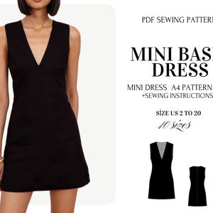 Mini Basic Dress Sewing Pattern | V-Neck Shift Dress PDF | Size US 2-20 | Minimalist Sleeveles Dress Pattern
