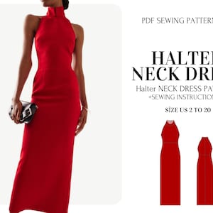 May include: A red halter neck dress with a high neckline and a floor-length skirt. The image also includes a PDF sewing pattern with the text "HALTER NECK DRESS" and "SIZE US 2 TO 20".