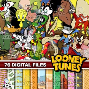 Puede incluir: Una colección digital de 76 archivos de Looney Tunes con coloridas ilustraciones de personajes como Bugs Bunny, Daffy Duck, Tweety Bird, Sylvester, Wile E. Coyote y Taz, con varios fondos estampados y el texto Looney Tunes.