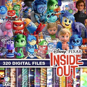 May include: A digital collection of 320 Inside Out themed files featuring various animated characters like Joy, Sadness, Anger, Disgust, and Fear. The image displays a collage of colorful character illustrations and patterns with the Disney Pixar Inside Out logo.