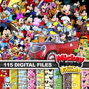 May include: A digital collection of 115 Mickey Mouse and Friends files featuring various cartoon characters like Mickey, Minnie, Donald, and Goofy in a red car, alongside patterned backgrounds with character motifs and the text Mickey Mouse and Friends.