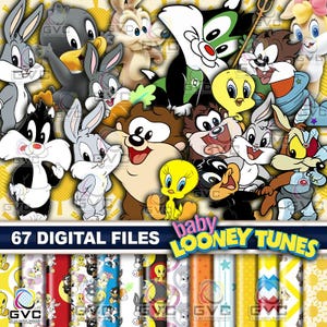 Baby Looney Tunes Digital Clipart PNG, Cute Cartoon Seamless Pattern Paper, Birthday Invitation Graphics, Sublimation Design Elements