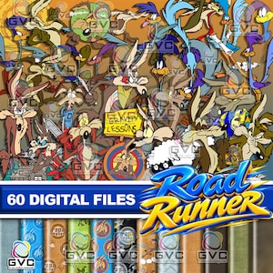 Könnte beinhalten: Eine digitale Sammlung von 60 Road Runner und Wile E. Coyote Charakterillustrationen mit verschiedenen Posen, Ausdrücken und einem Schild mit der Aufschrift Gravity Lessons. Die Grafik enthält den Text 60 DIGITAL FILES und Road Runner in Blau und Gelb.