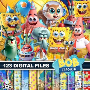 Puede incluir: Una colección de archivos digitales con personajes de Bob Esponja, incluyendo a Patricio Estrella, Calamardo Tentáculos, Don Cangrejo, Arenita Mejillas, Plankton y Gary el caracol. La imagen incluye el texto 123 DIGITAL FILES y BOB ESPONJA.