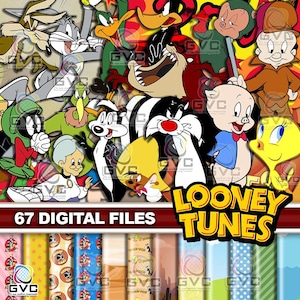 Puede incluir: Una colección digital de 67 archivos de Looney Tunes con coloridas ilustraciones de Bugs Bunny, el Pato Lucas, Porky, Piolín, Silvestre y otros personajes, con una franja inferior que muestra varios fondos estampados y el texto 67 DIGITAL FILES.