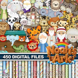 Può includere: Una collezione di file digitali con animali dei cartoni animati, Noè e un'arca, con il testo 450 DIGITAL FILES e Noah's Ark. L'immagine include vari sfondi a motivi, tra cui strisce, pois e arcobaleni, in una varietà di colori.