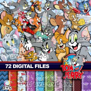 May include: A collection of 72 digital files featuring Tom and Jerry characters in various poses. The image displays multiple illustrations of the grey cat and brown mouse, with a Tom and Jerry logo and the text 72 DIGITAL FILES at the bottom.