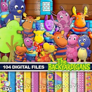 Pode incluir: Uma coleção digital de 104 arquivos com os personagens de Backyardigans, incluindo Pablo, Tyrone, Uniqua, Tasha e Austin em frente a uma casa, acompanhados por vários fundos coloridos com padrões de bolinhas, estrelas e corações.