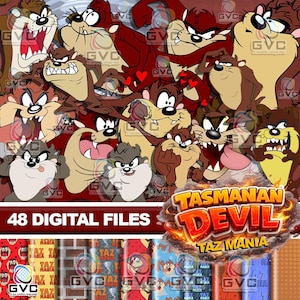 May include: A collection of digital files featuring the Tasmanian Devil character in various poses and expressions, including angry, happy, and confused. The image includes the text 48 DIGITAL FILES and TASMANIAN DEVIL TAZ MANIA with flame graphics.