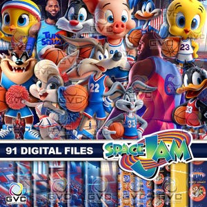 May include: A digital collection of 91 Space Jam themed files featuring various Looney Tunes characters like Bugs Bunny, Lola Bunny, and Tweety, alongside basketball players in team uniforms, basketballs, and stadium backgrounds with text.