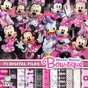 May include: A digital collection of 70 Minnie Mouse Bow-tique files featuring multiple illustrations of Minnie Mouse and Daisy Duck in pink polka dot outfits, alongside various patterned backgrounds including hearts, flowers, and quilted textures.